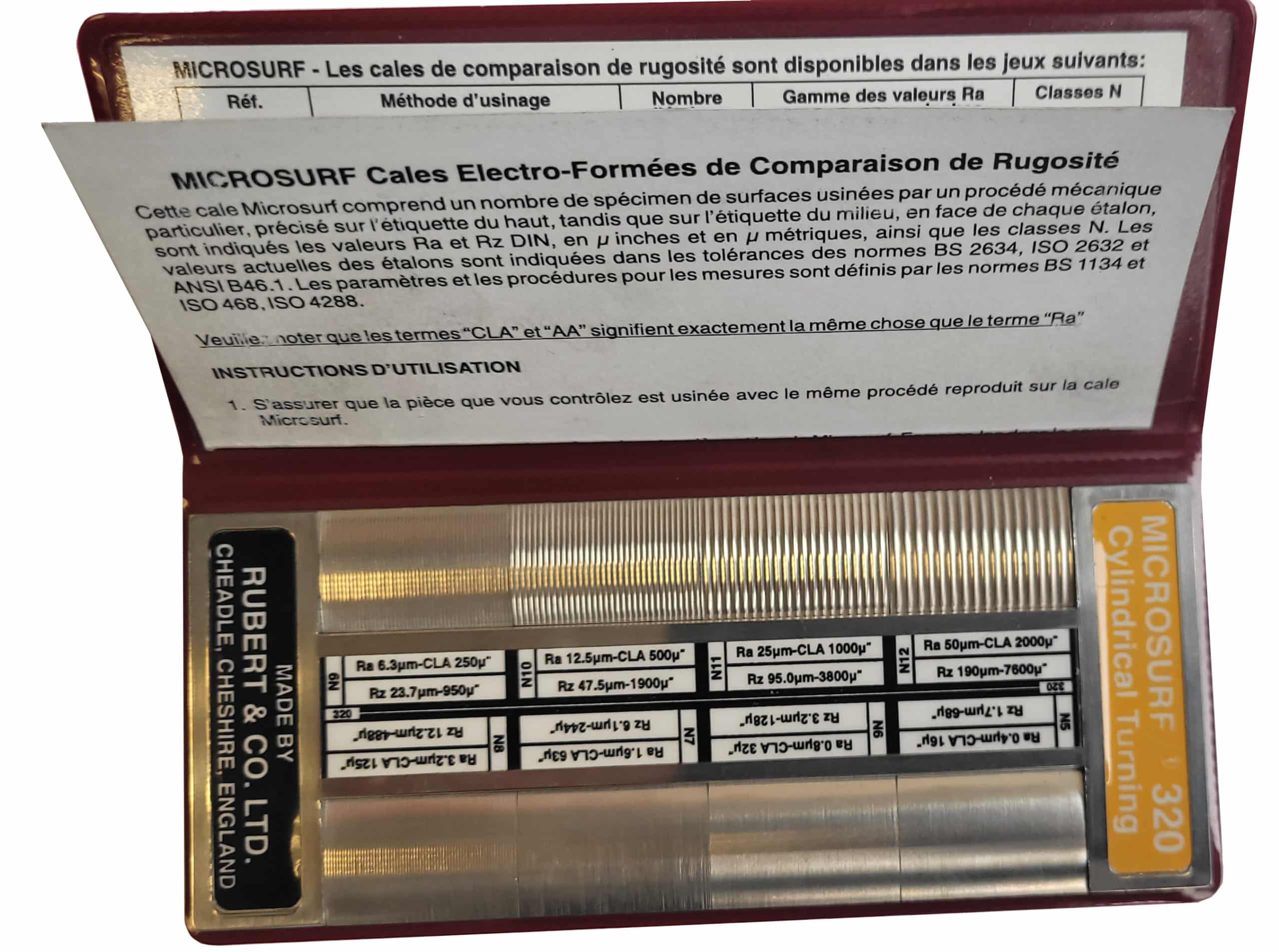 Jeu de cales échantillons de comparaison d’états de surface par groupe d’usinage, pour estimation de la rugosité par comparaison visio-tactile